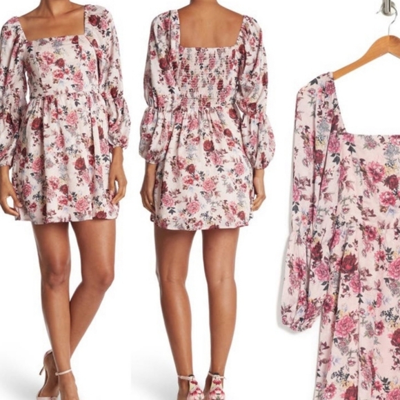 NWT Floral-Print Square Neck Long Ballon Sleeves Mini Dress sz Small - Picture 1 of 7